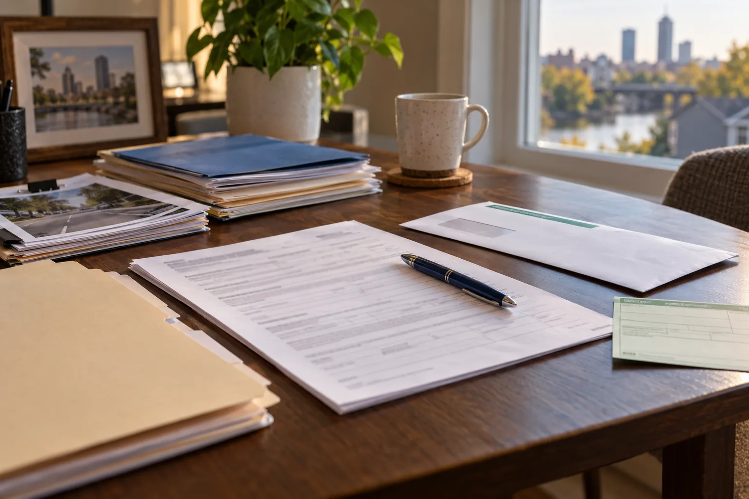 Federal claim paperwork and certified-mail records organized on a desk