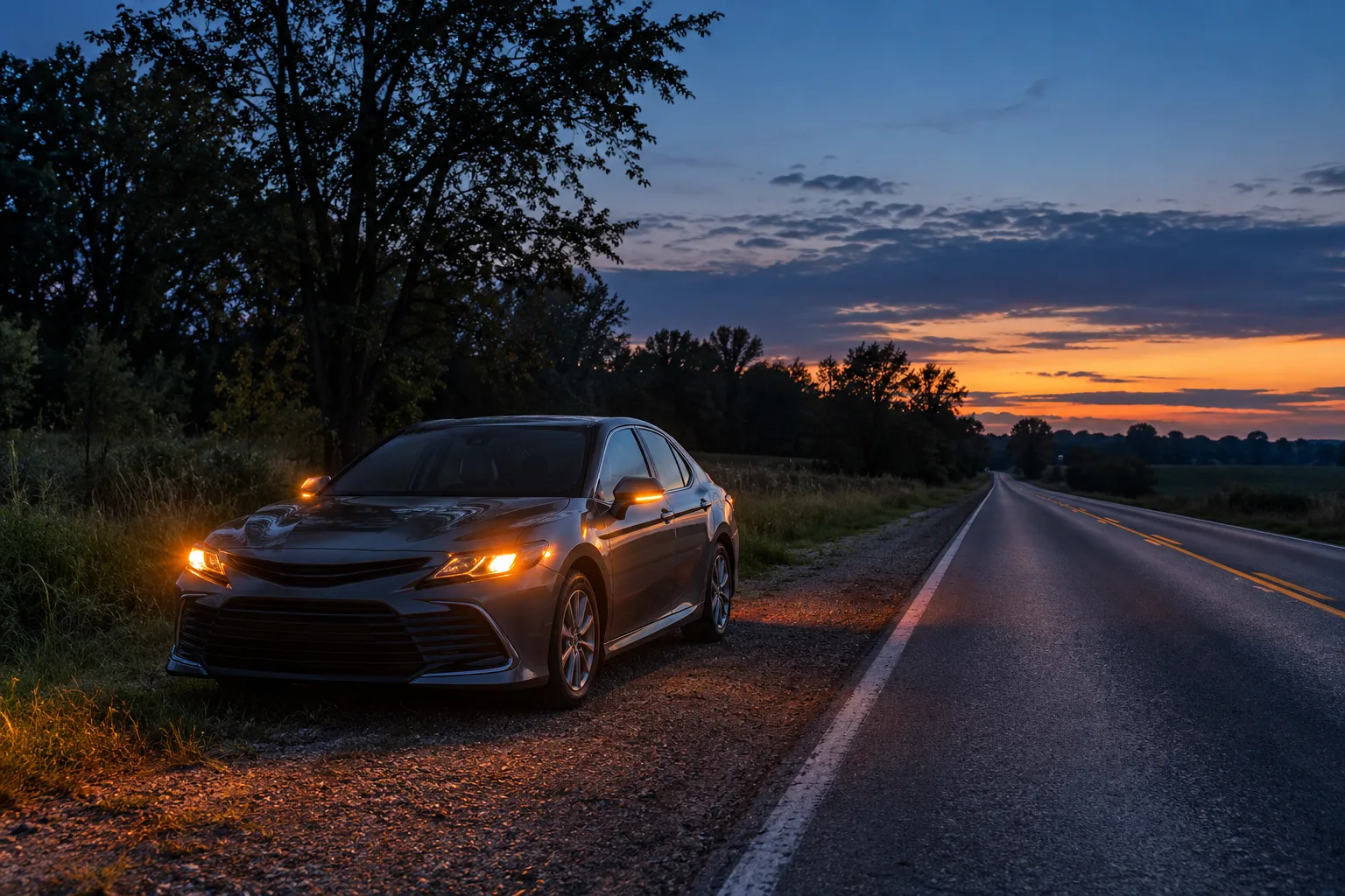 Illustration: Car parked safely with hazard lights on beside a wooded Indiana county road