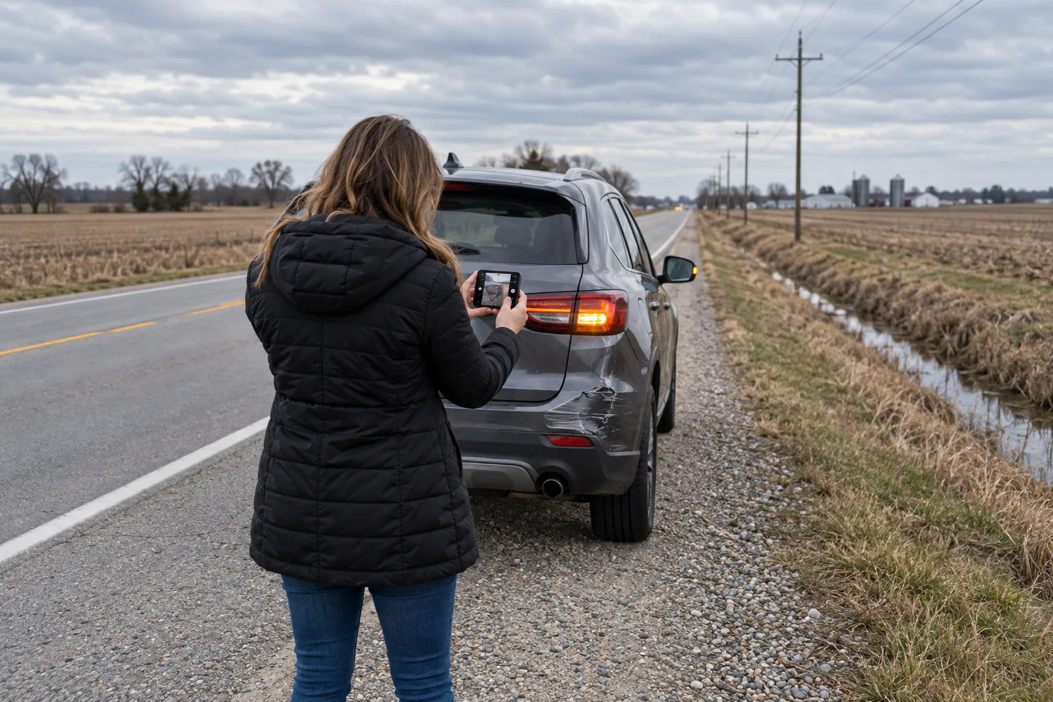 Illustration: Driver documenting vehicle damage and roadway conditions from a safe Indiana roadside