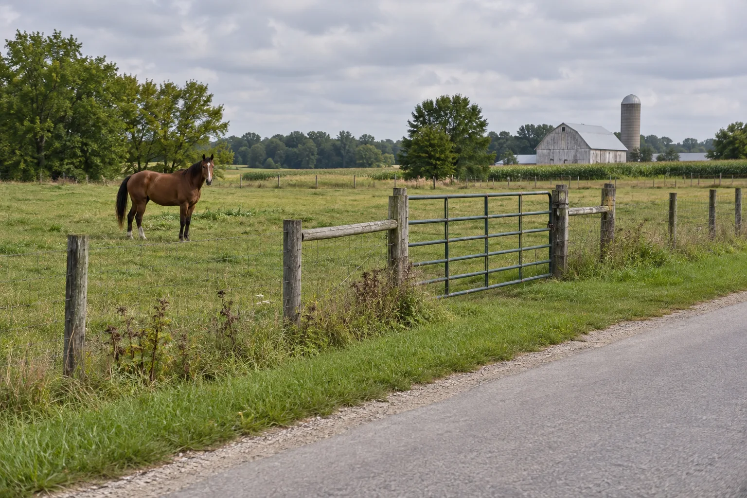 Illustration: Horse behind a closed pasture fence beside a northeast Indiana county road