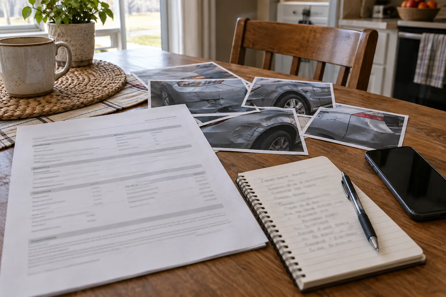 Illustration: Auto policy, claim notes, and vehicle photographs organized on a table