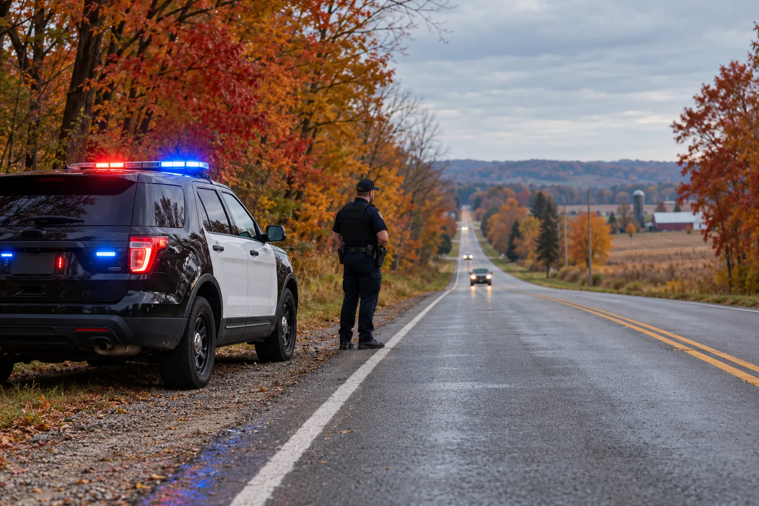 Illustration: Police vehicle documenting a rural Indiana roadway after an animal collision