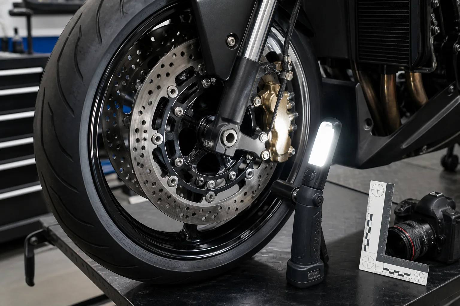 Technician visually documenting an intact motorcycle brake system before testing