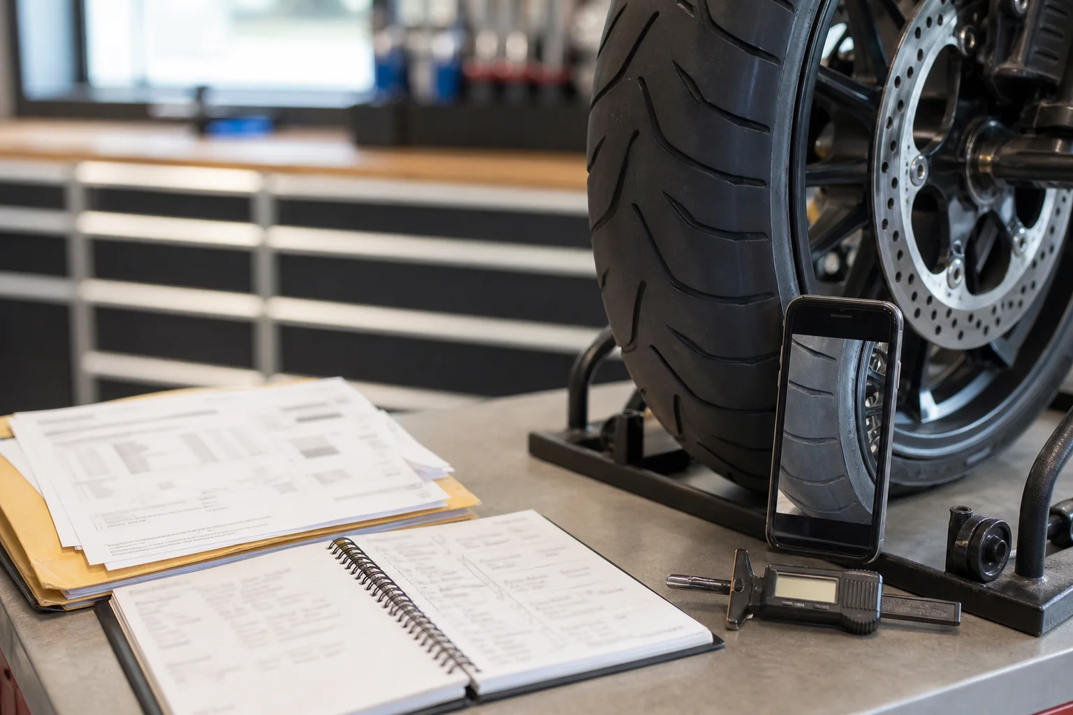 Motorcycle tire identification marks photographed beside organized service records