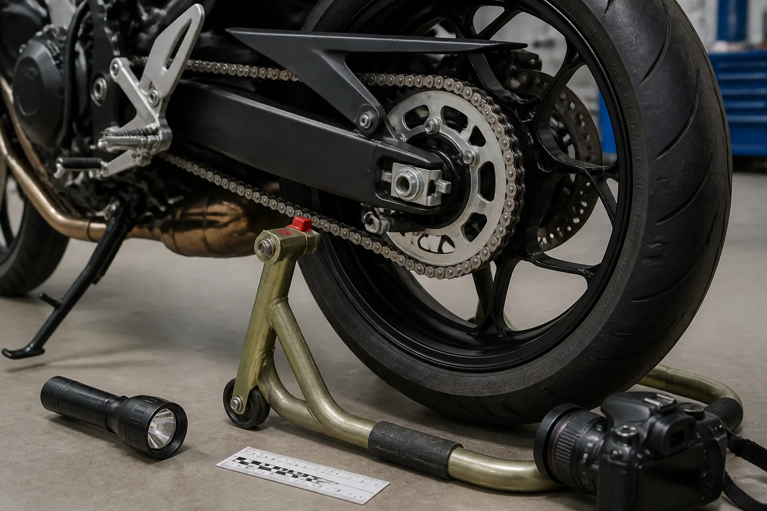 Intact motorcycle chain and sprocket photographed with a measurement scale