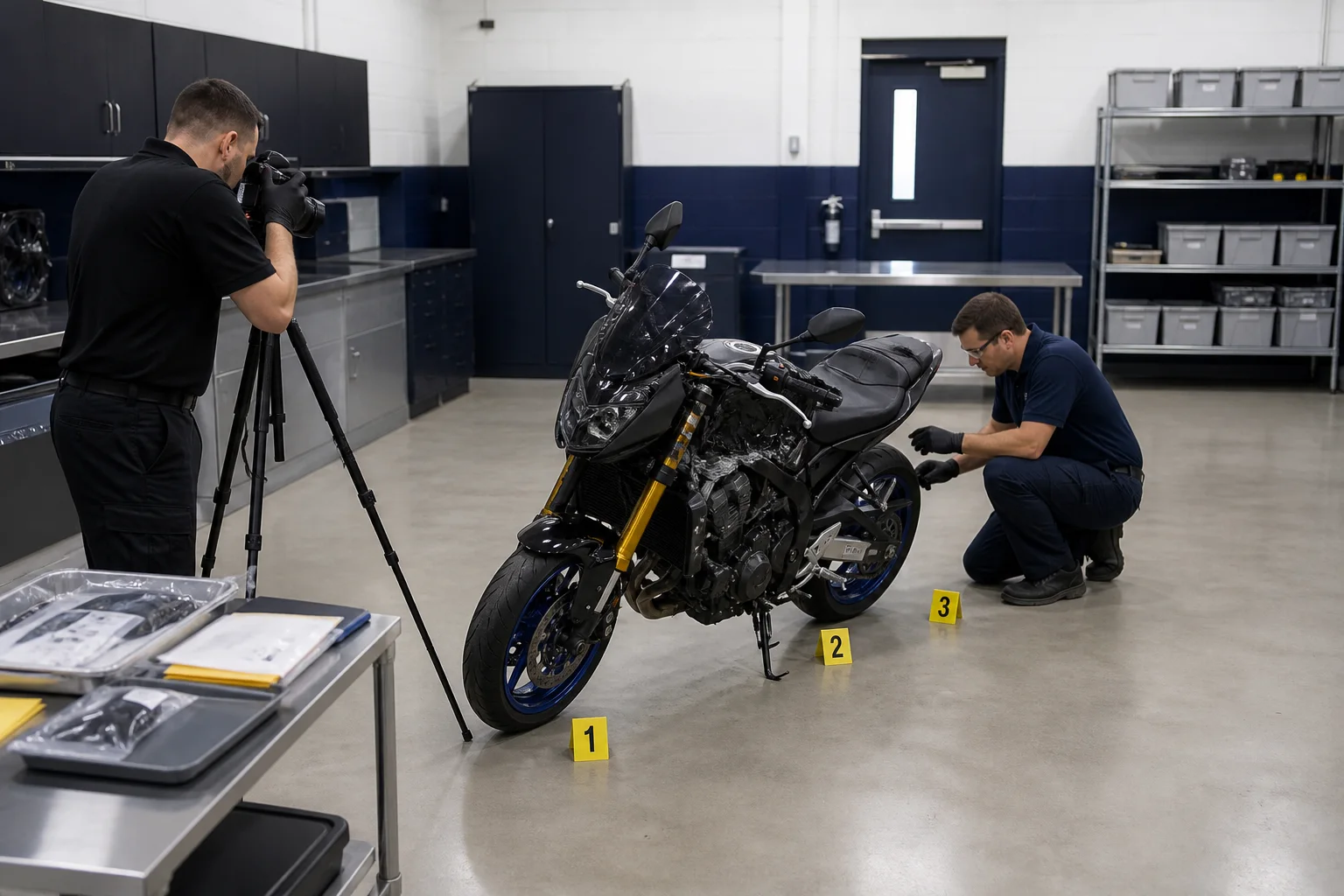 Secured crash-damaged motorcycle documented before a supervised evidence inspection