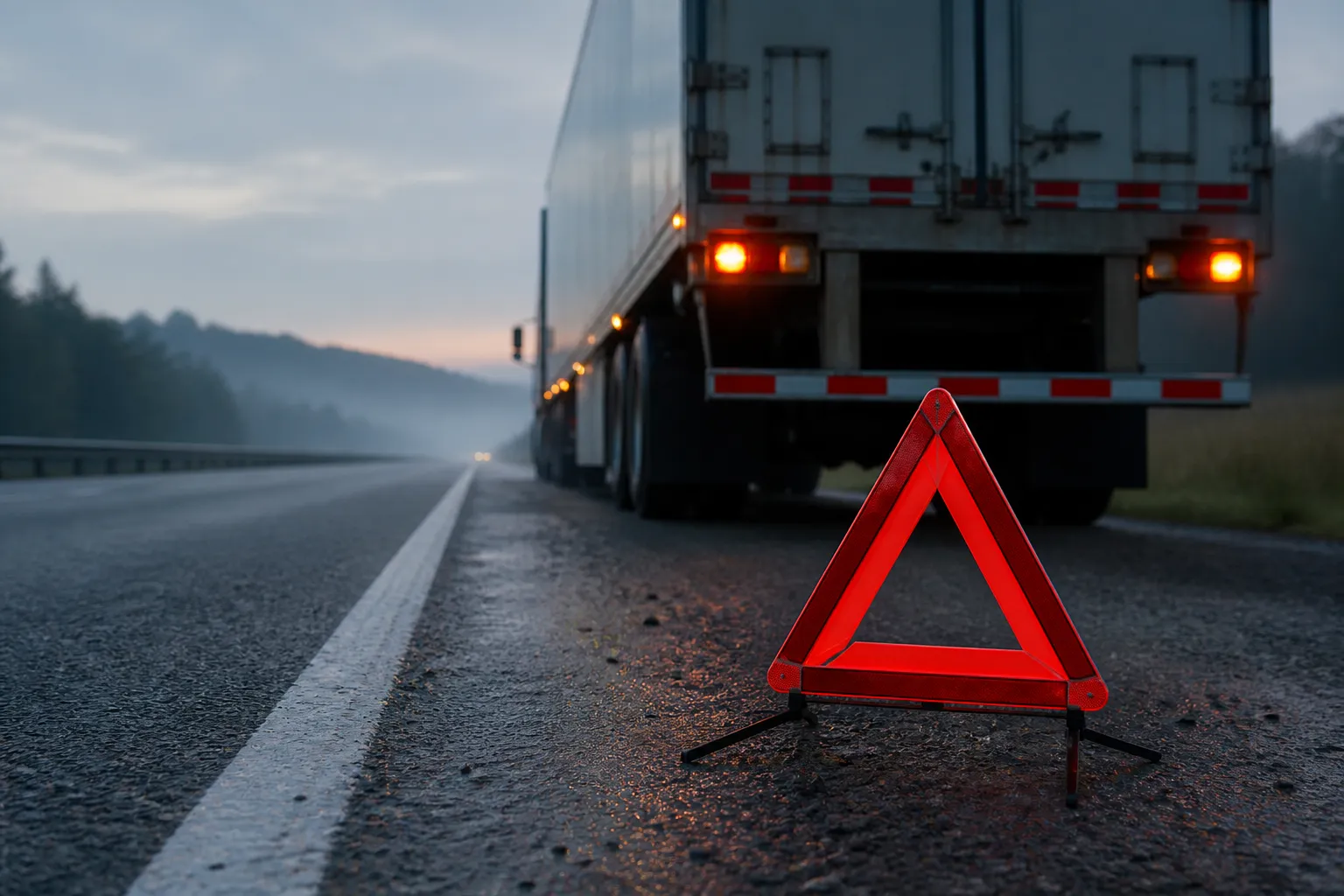 Reflective warning triangle visible behind a disabled semi-truck on an Indiana highway shoulder