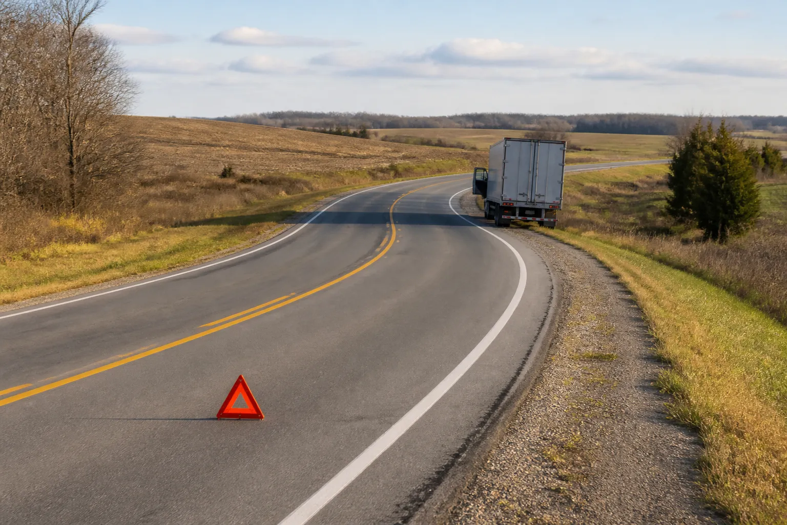 Disabled commercial truck and advance warning triangle near an Indiana highway curve