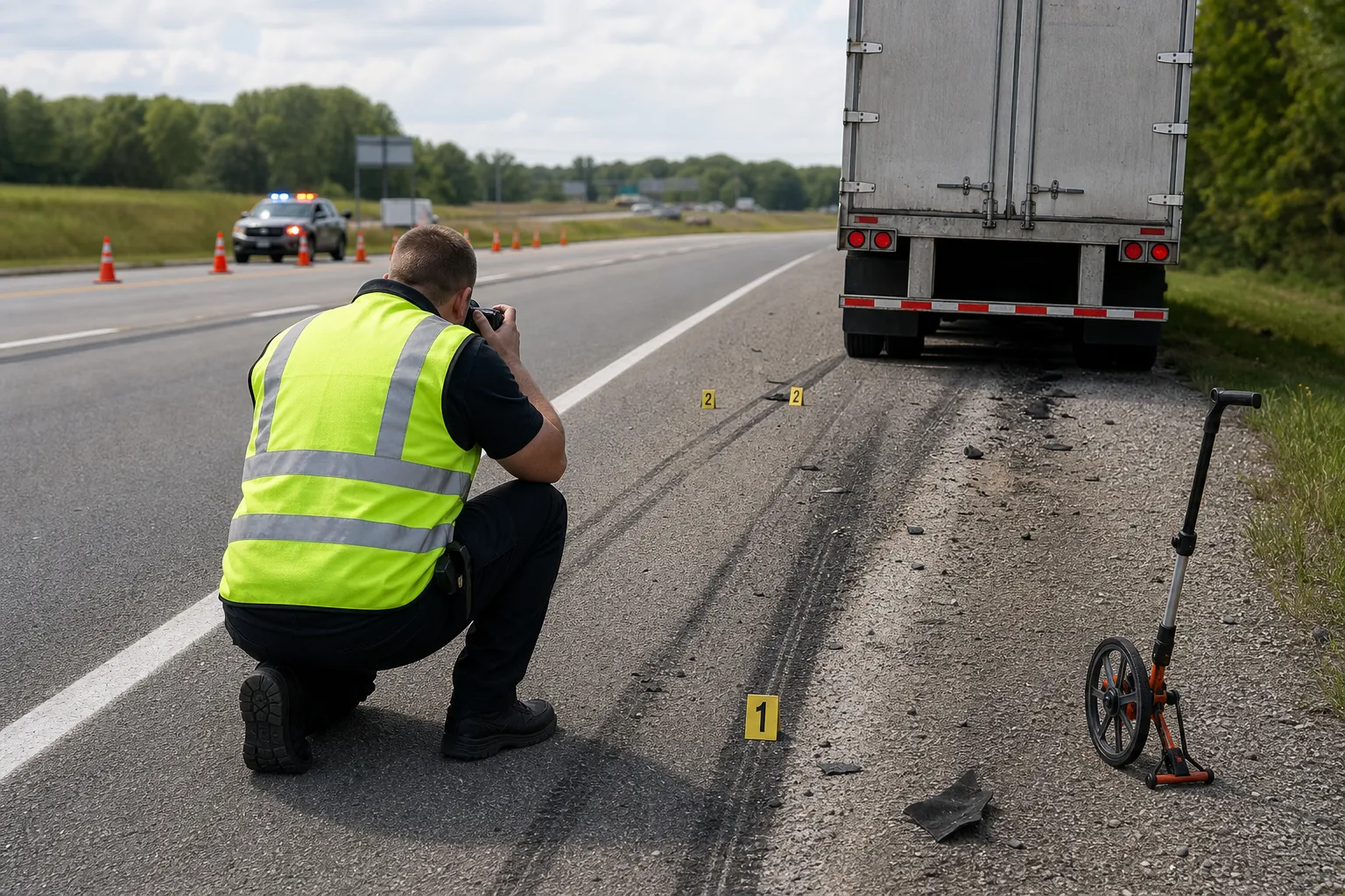 Investigator photographing roadway marks and debris behind a stopped semi-trailer