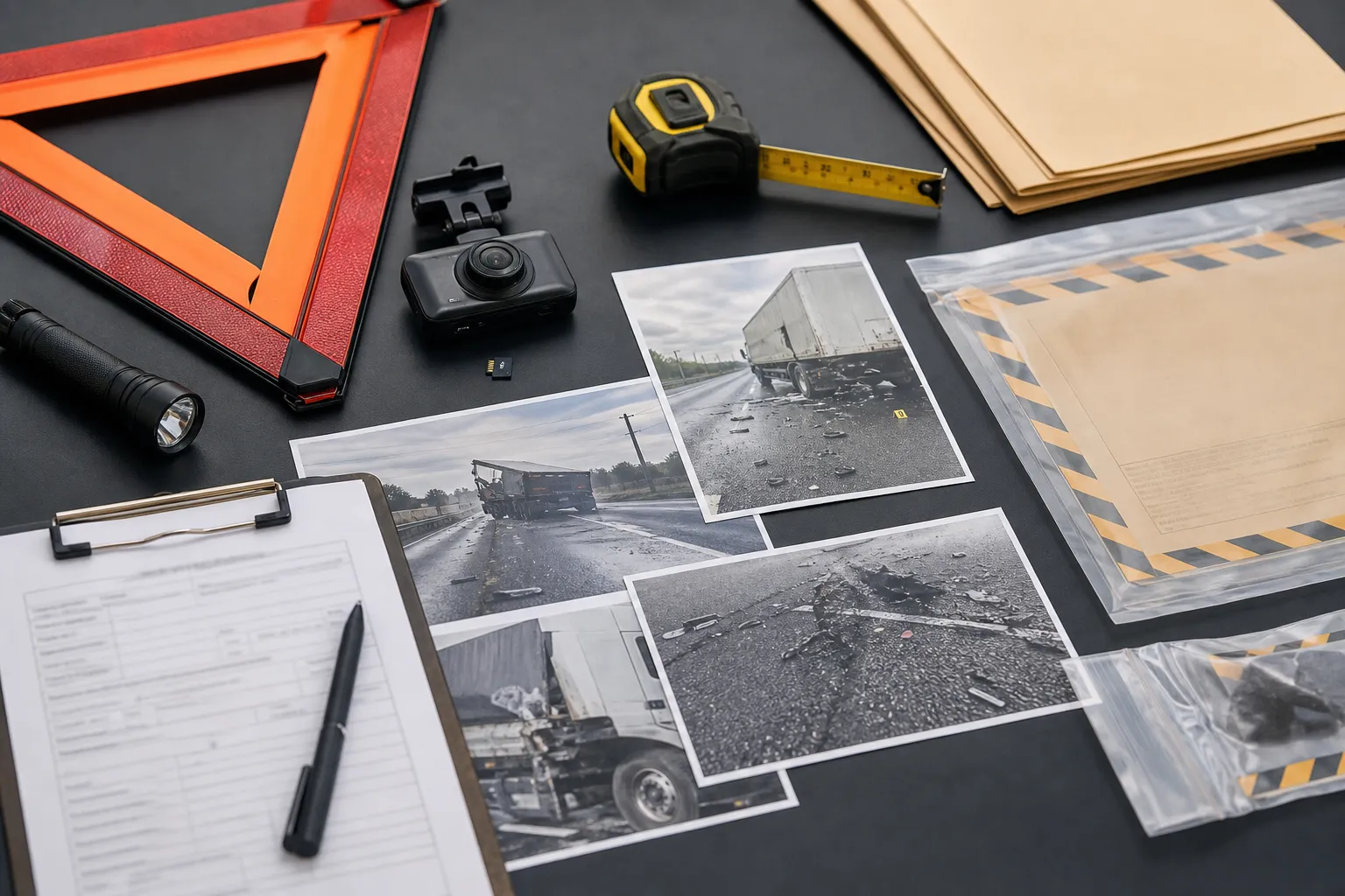 Truck-crash evidence including warning triangle, dashcam card, roadway photos, and measuring tools
