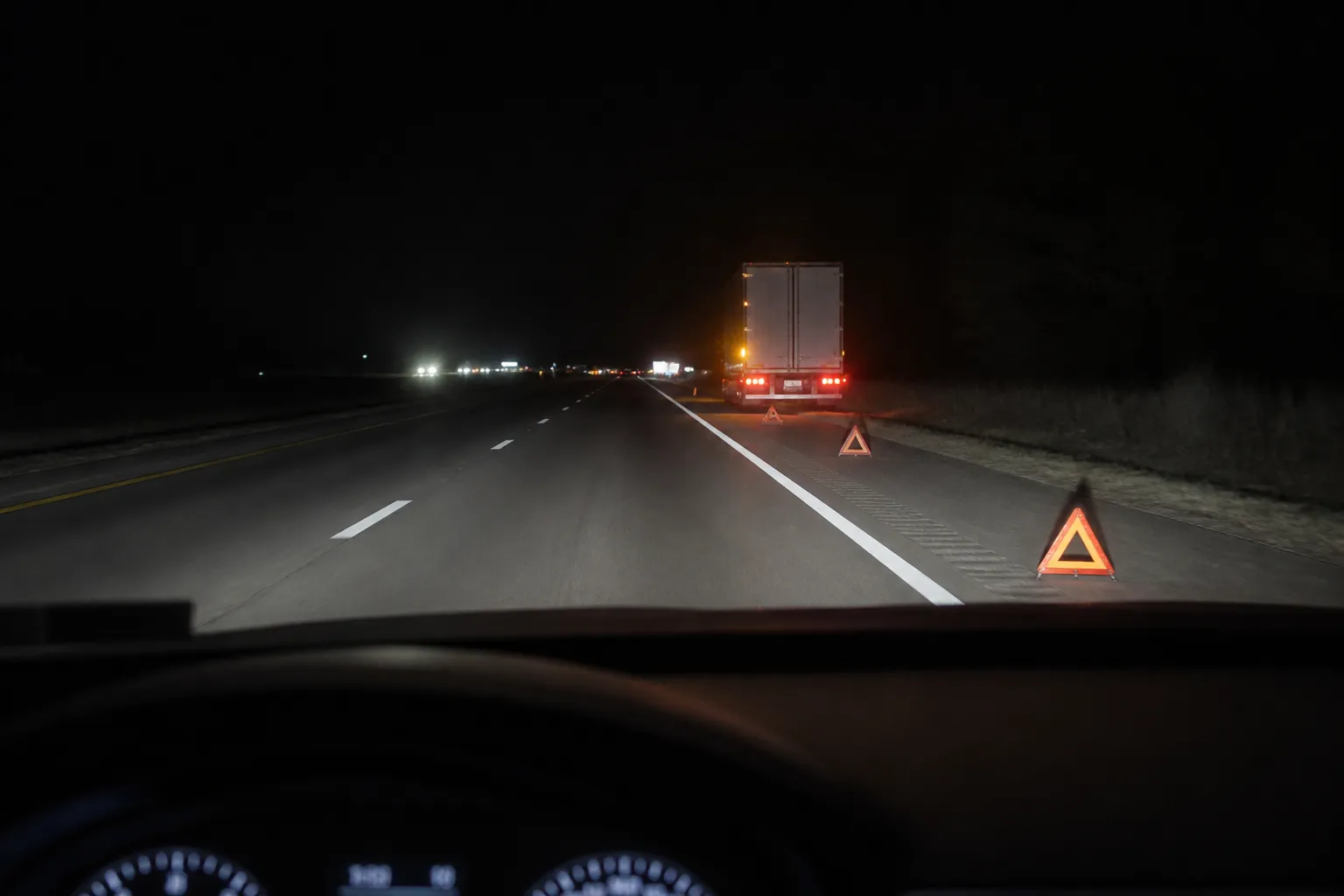 Nighttime driver-eye view of reflective warning triangles behind a disabled semi on the shoulder