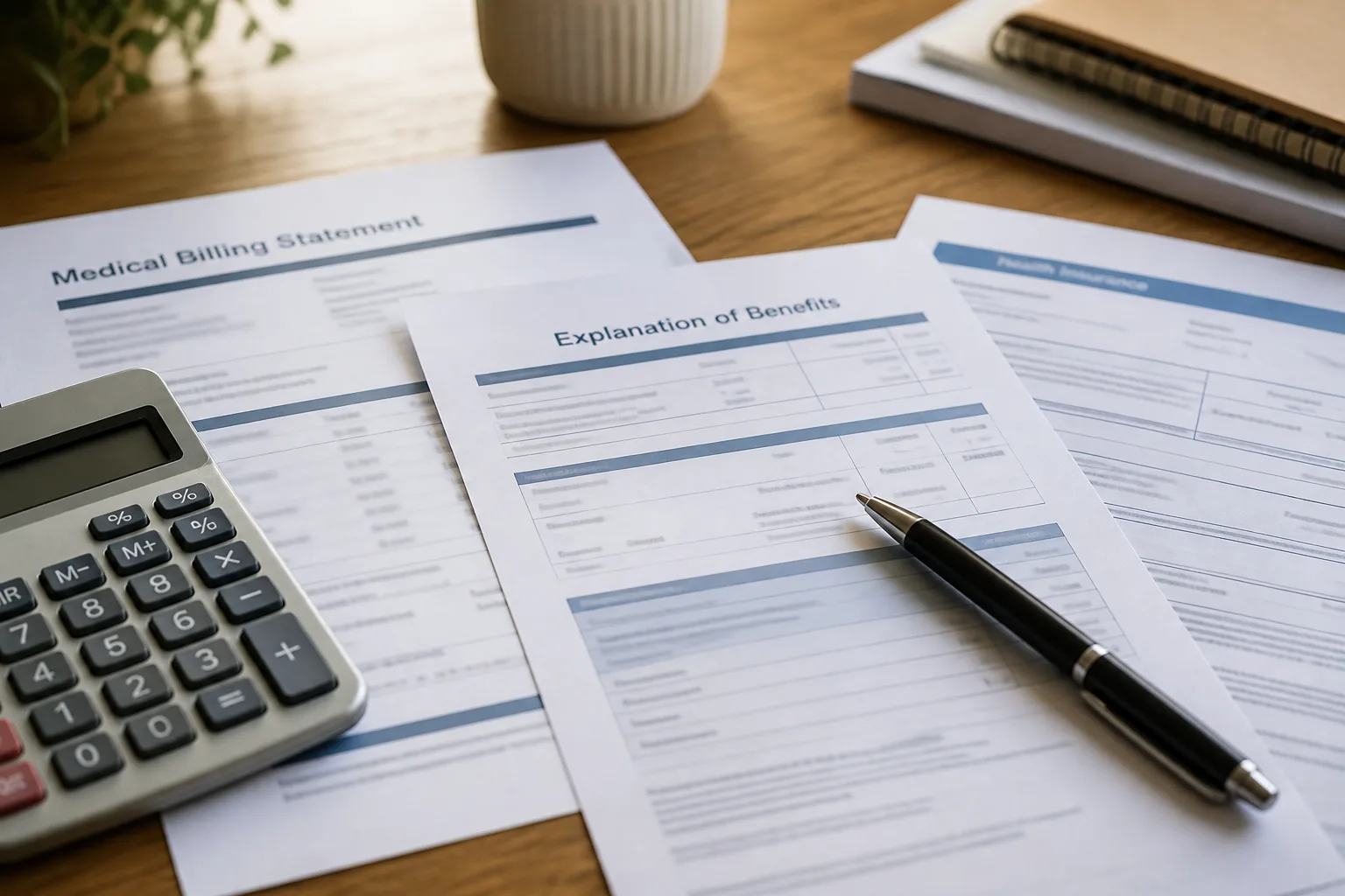 Medical bills, an insurance explanation-of-benefits form, and a calculator on a desk