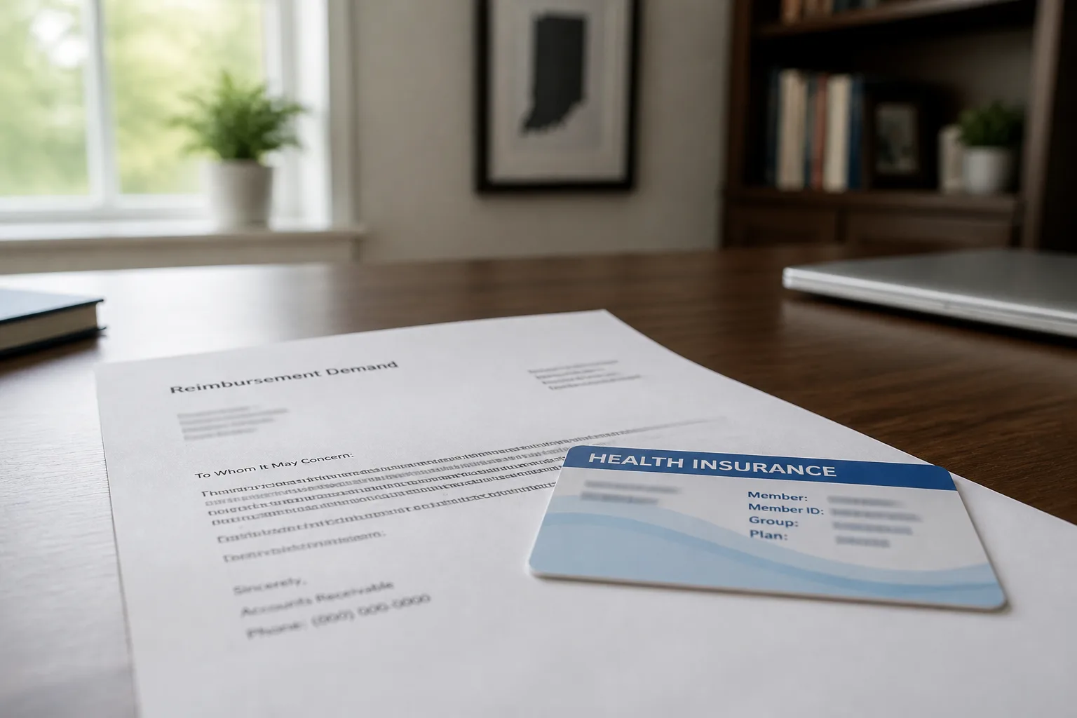 A health insurance card lying on a reimbursement demand letter