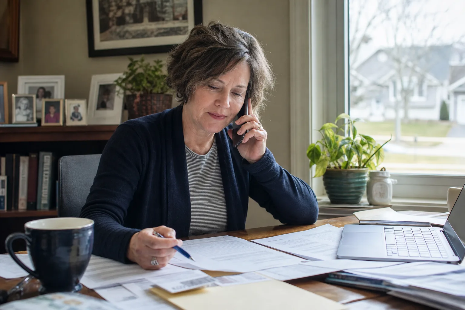 A person on the phone reviewing settlement and insurance paperwork at a desk