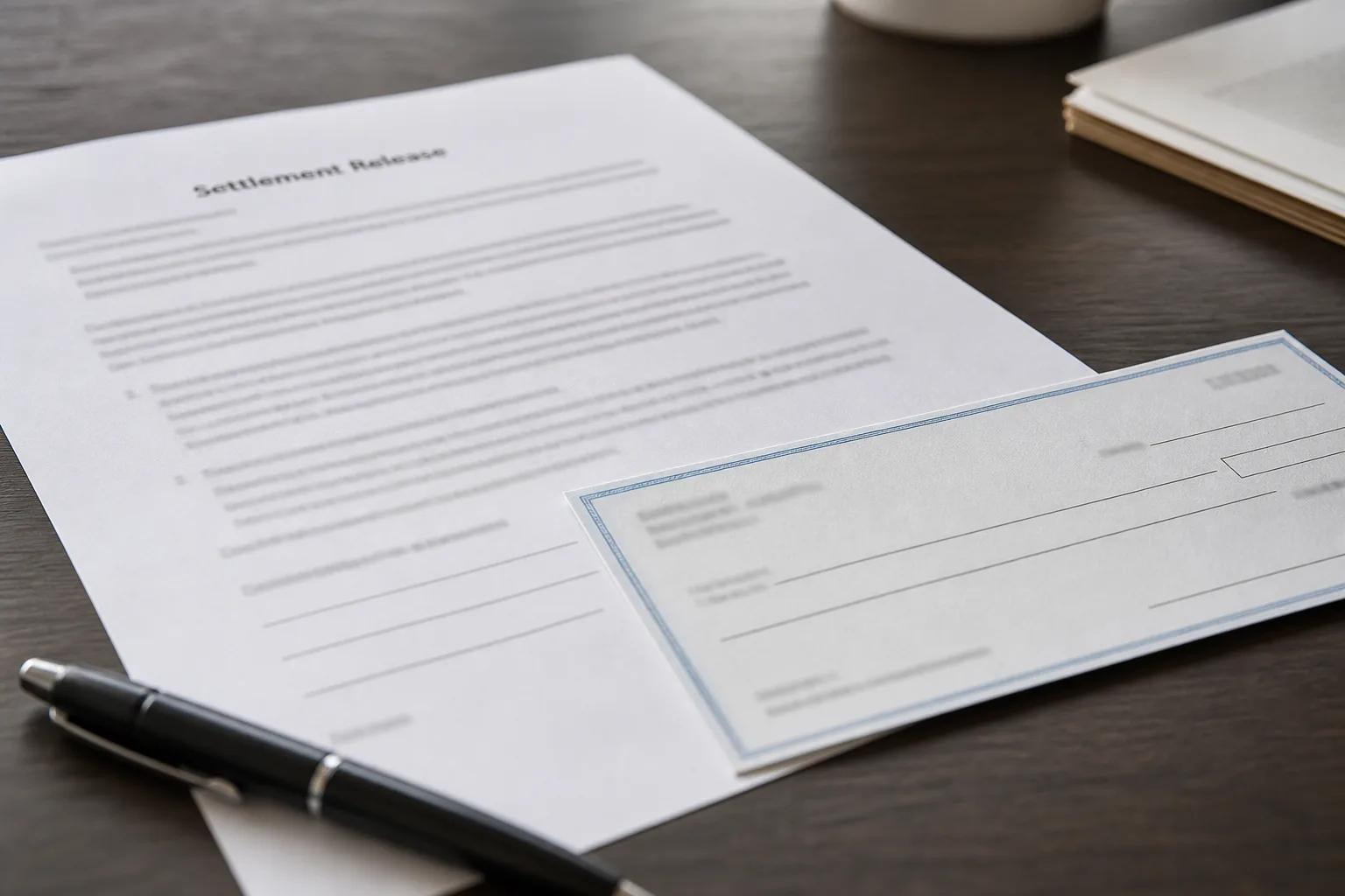 A settlement release document and pen on a desk