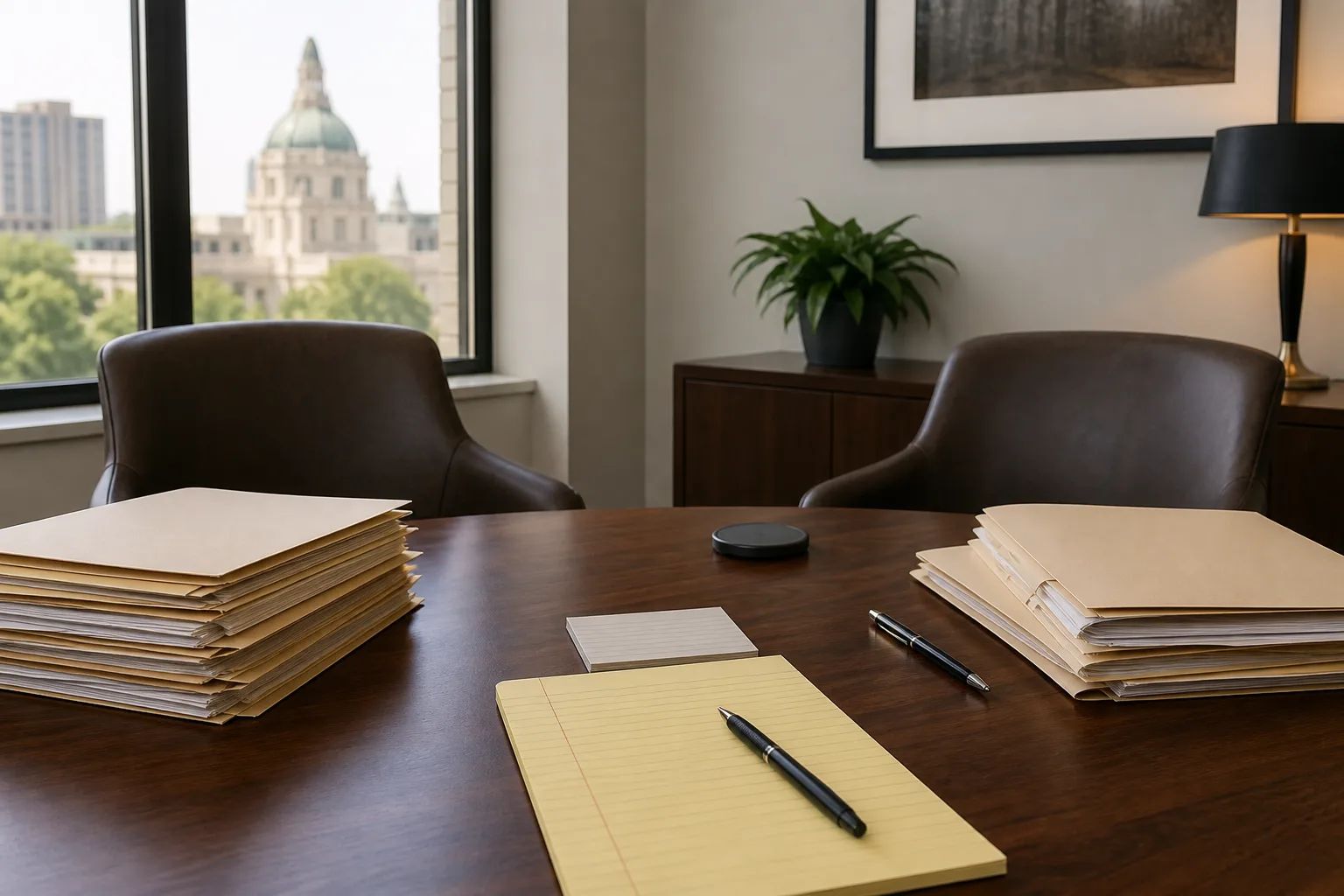 An organized consultation table with folders and a legal pad in a Fort Wayne office