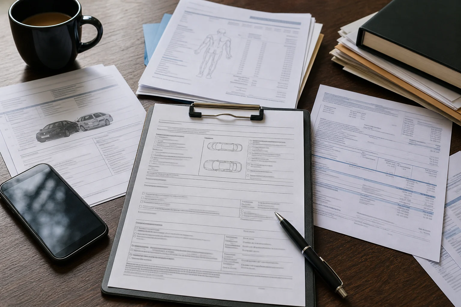 Crash report, medical bills, and insurance paperwork reviewed after an Indiana car accident.