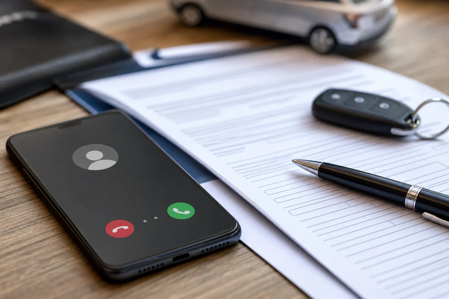 Phone and insurance paperwork representing an adjuster call after a car accident.