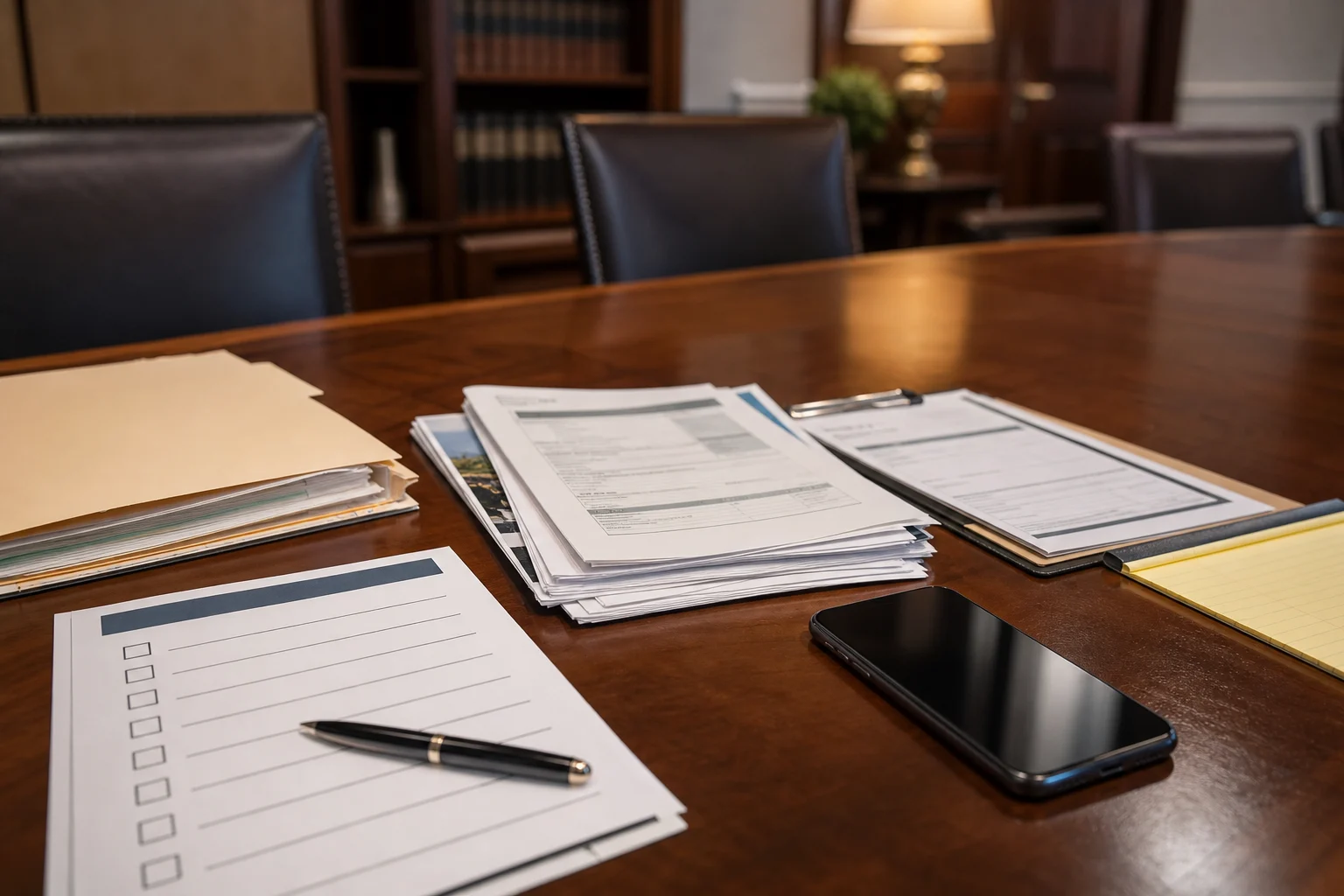 Consultation checklist with medical records, crash documents, and a phone after an Indiana car accident.