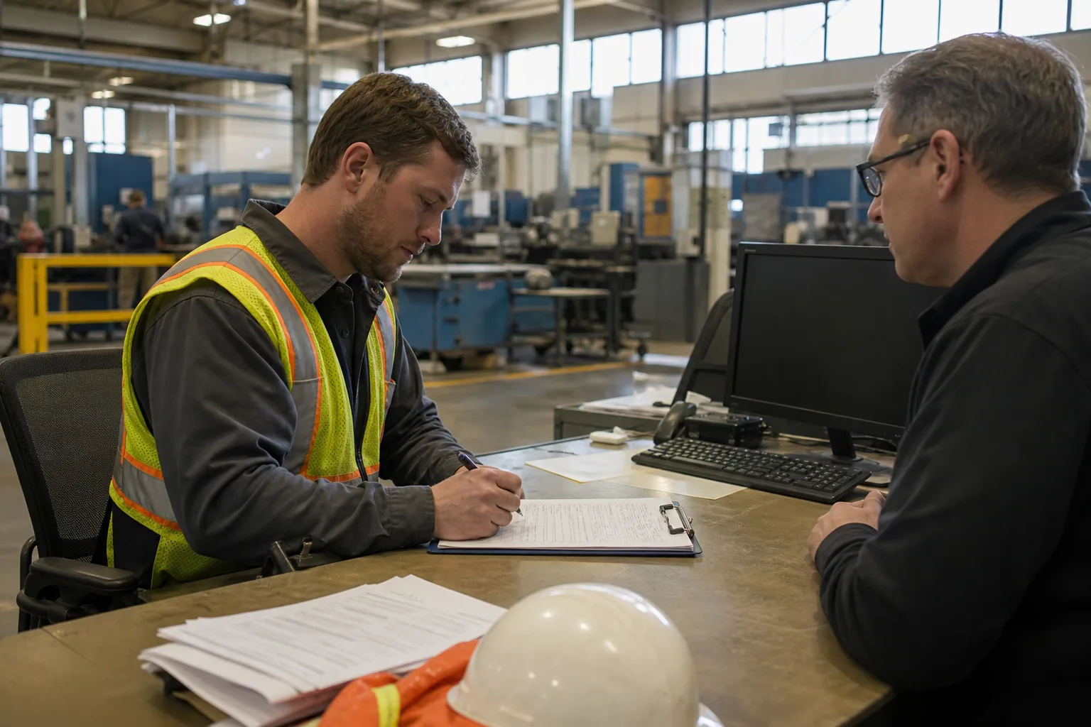 Injured employee completing a workplace injury report at a supervisor's desk