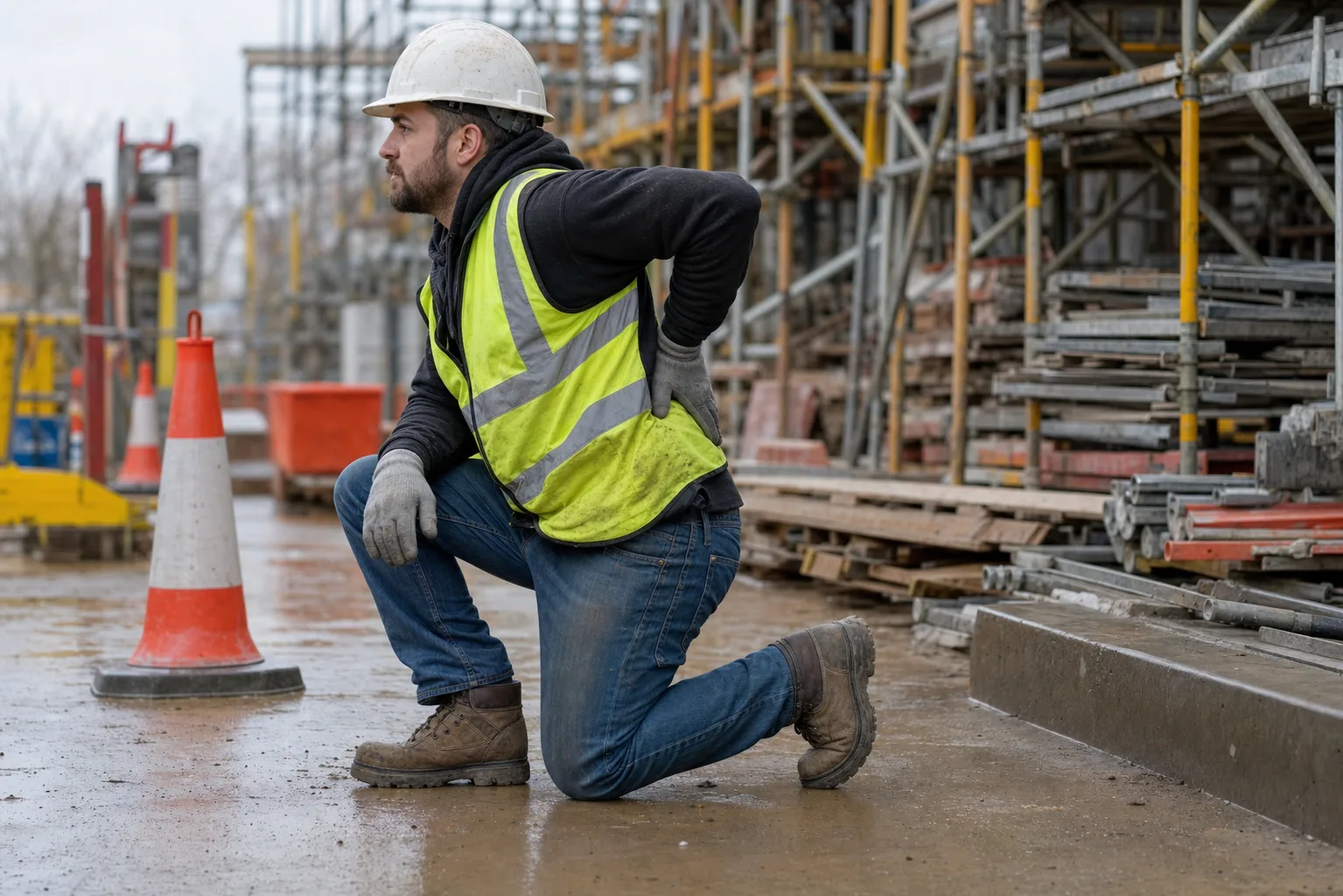 Construction worker on an Indiana job site holding a strained lower back