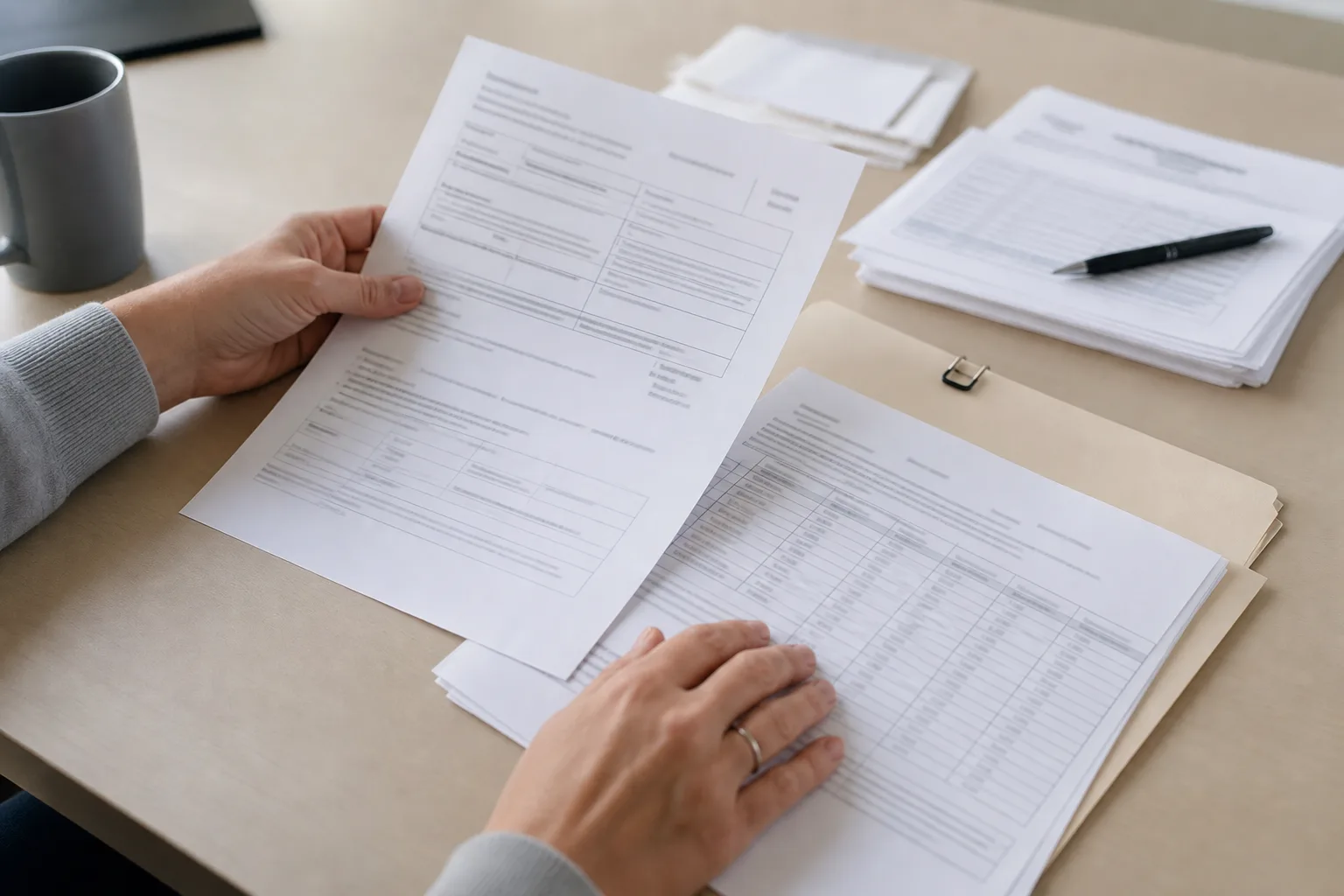 Hands reviewing worker paperwork and forms on a table representing employee classification