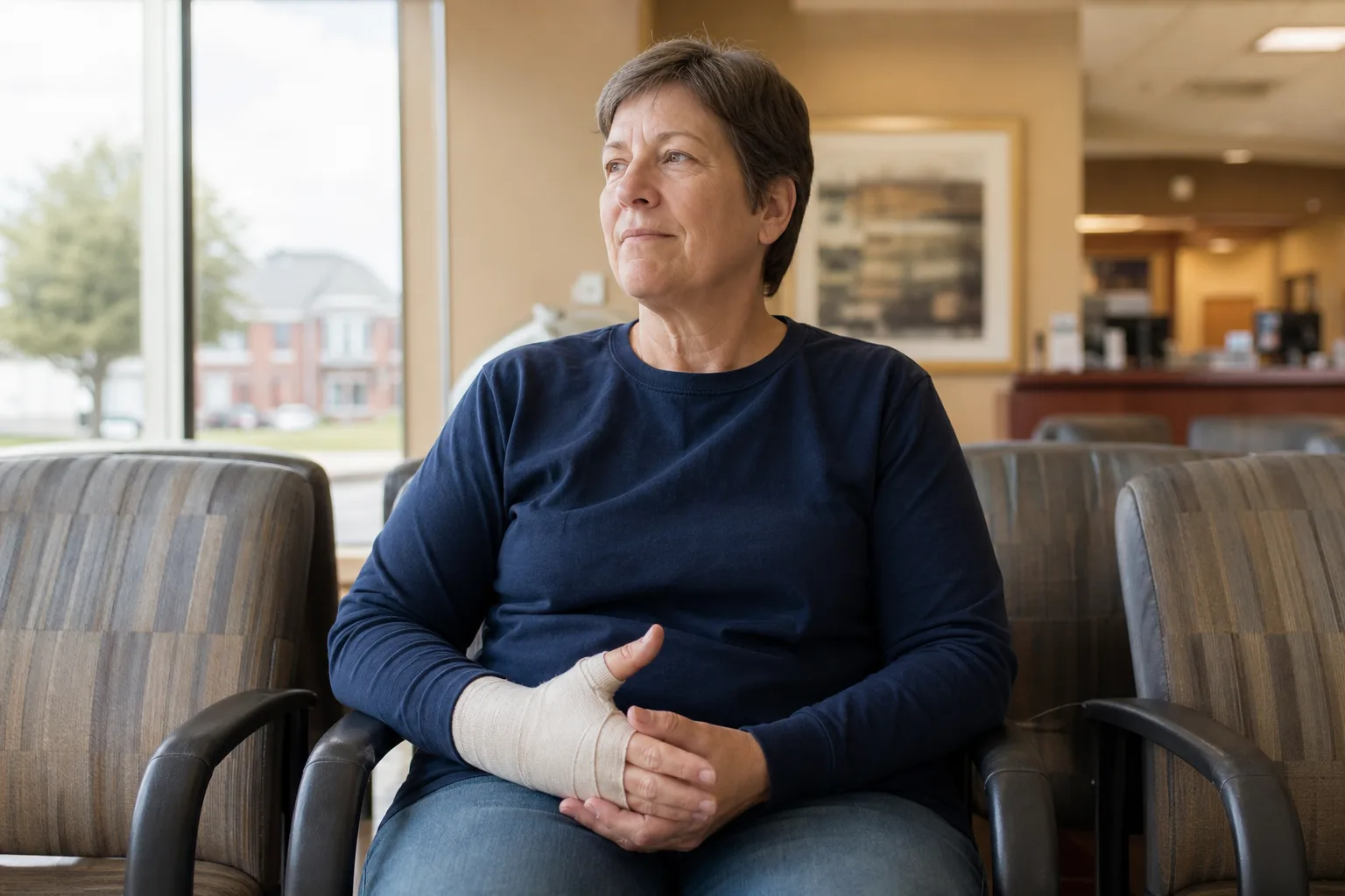 Injured worker with a bandaged hand waiting for care at a clinic