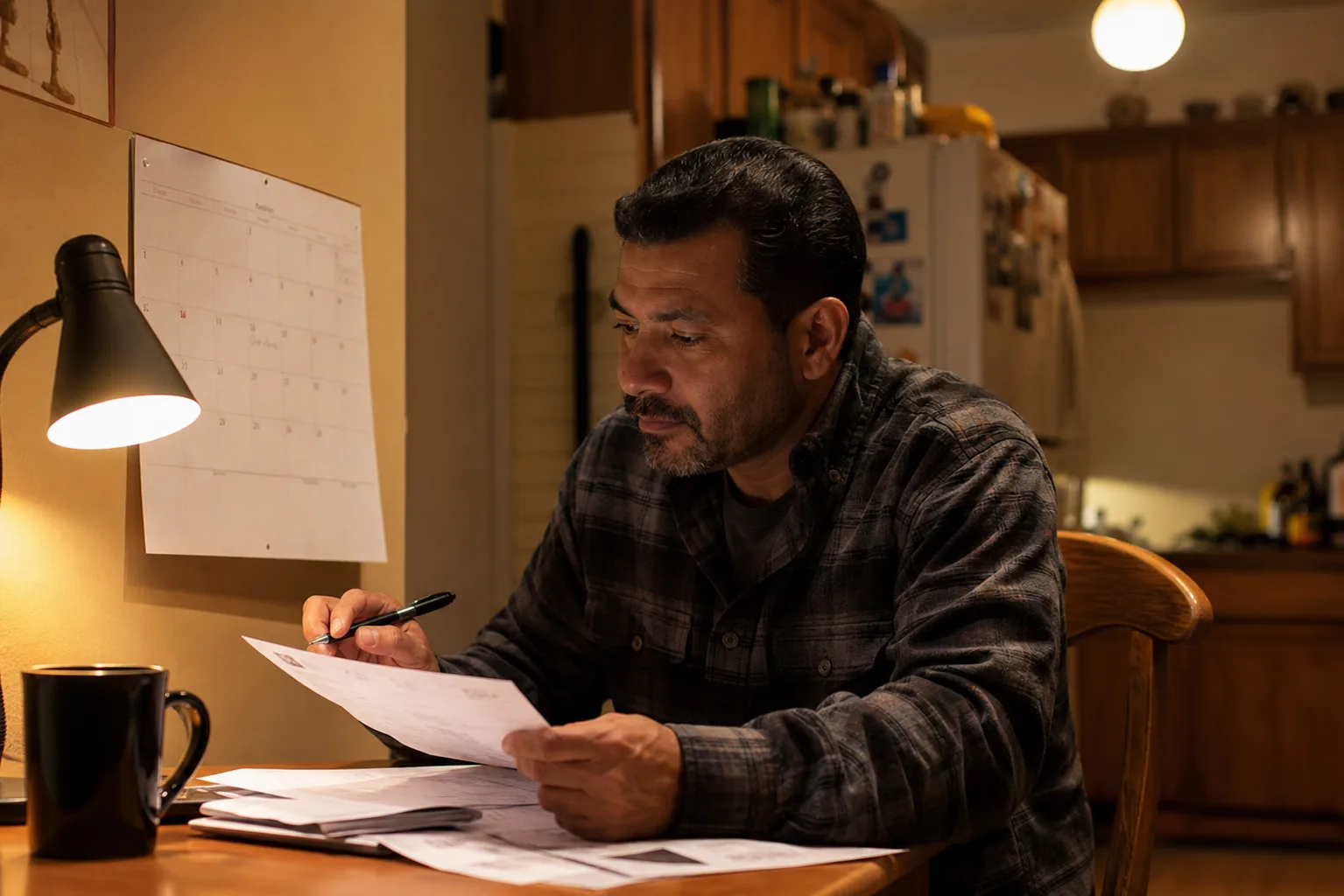 Worker at home reviewing pay stubs and a calendar of deadlines after a work injury