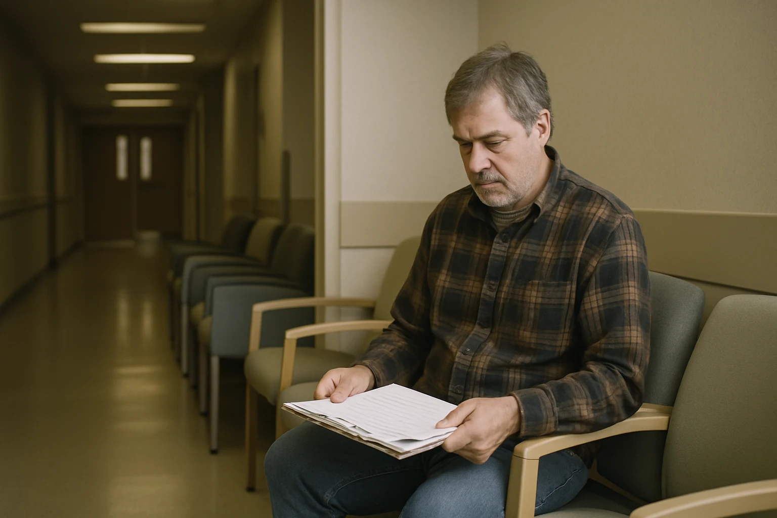 A Fort Wayne crash victim seated in a hospital waiting room reviewing medical billing paperwork