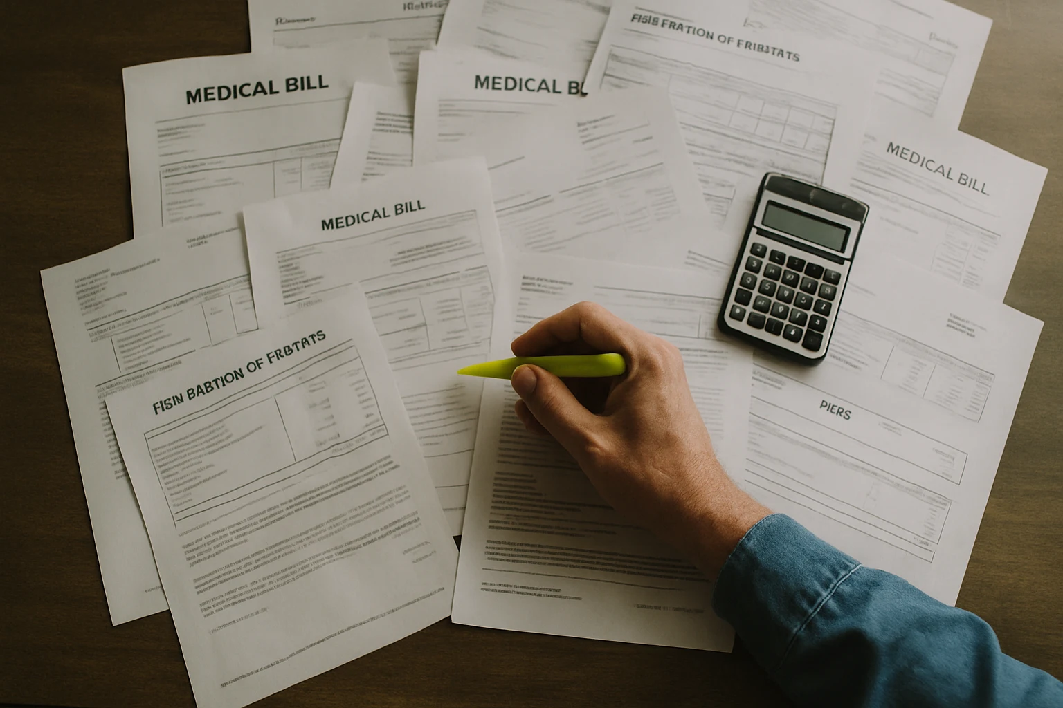 Indiana medical bills and explanation-of-benefits paperwork spread on a kitchen table