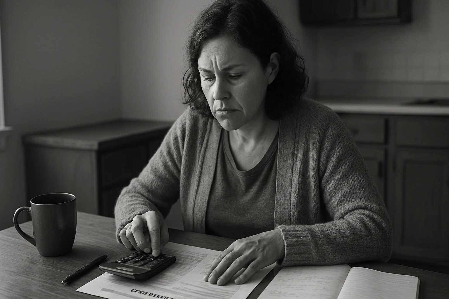 A woman at a kitchen table calculating health insurance deductibles after a Fort Wayne car accident