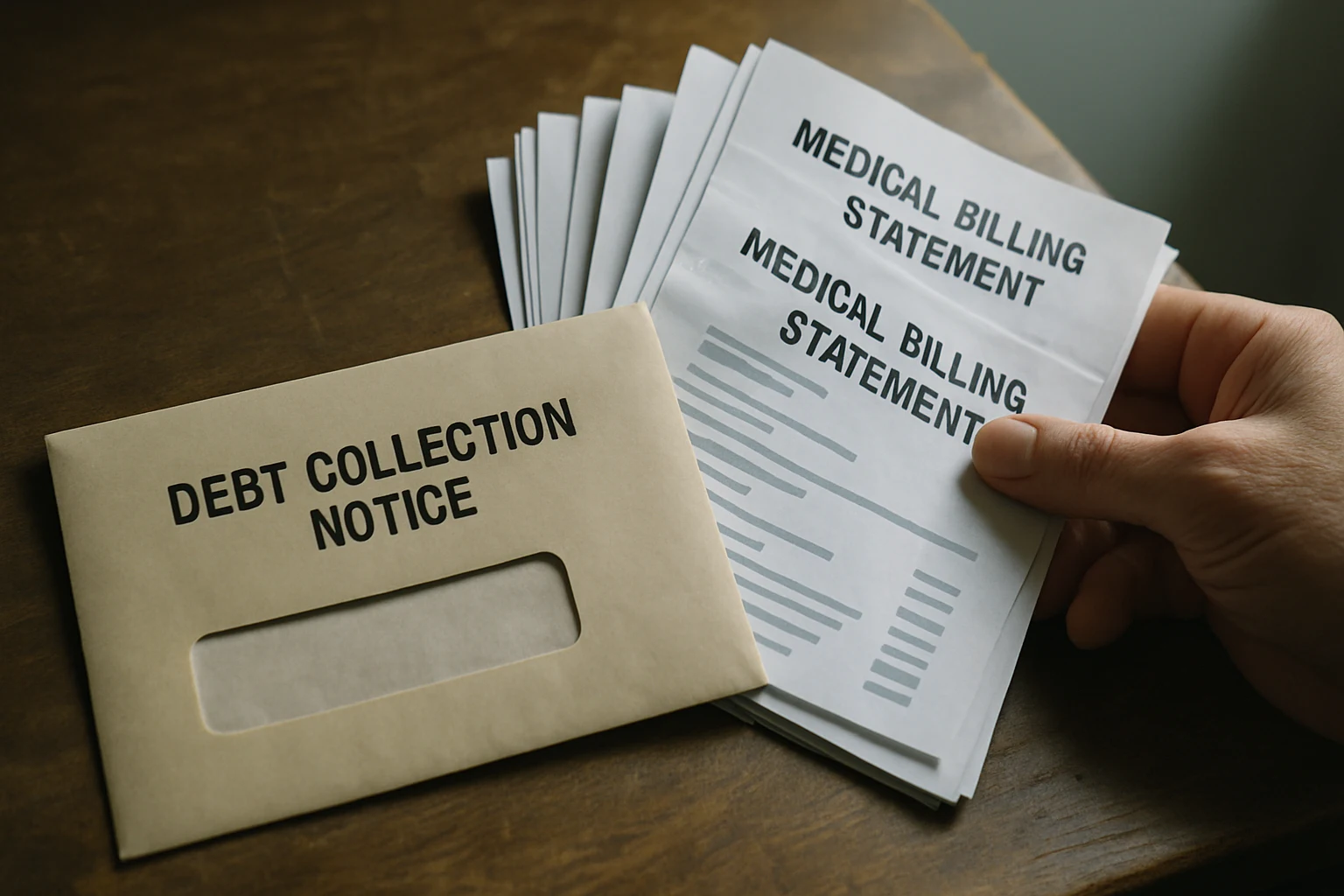 A debt collection notice and medical bill paperwork on a Fort Wayne household desk