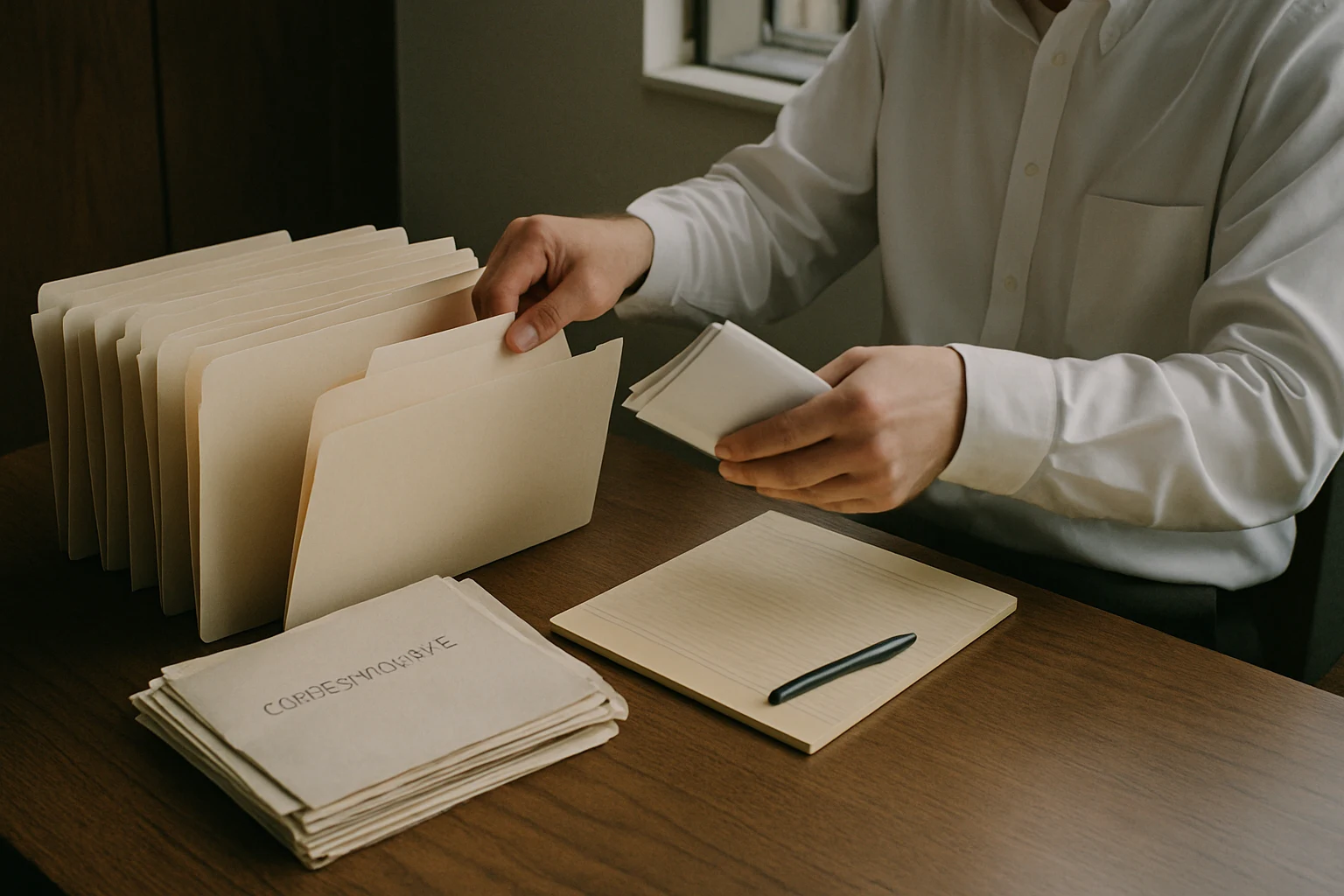 Manila folders and crash-related medical and insurance correspondence organized on an attorney's desk