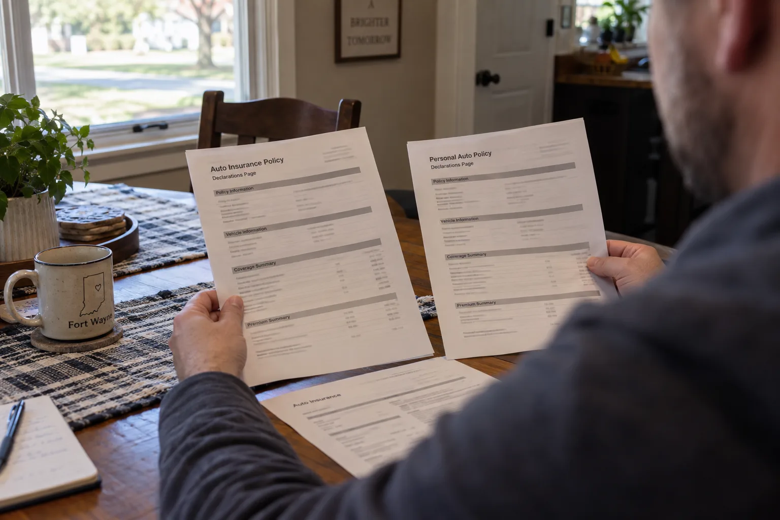Indiana driver comparing two auto insurance policy packets at a table