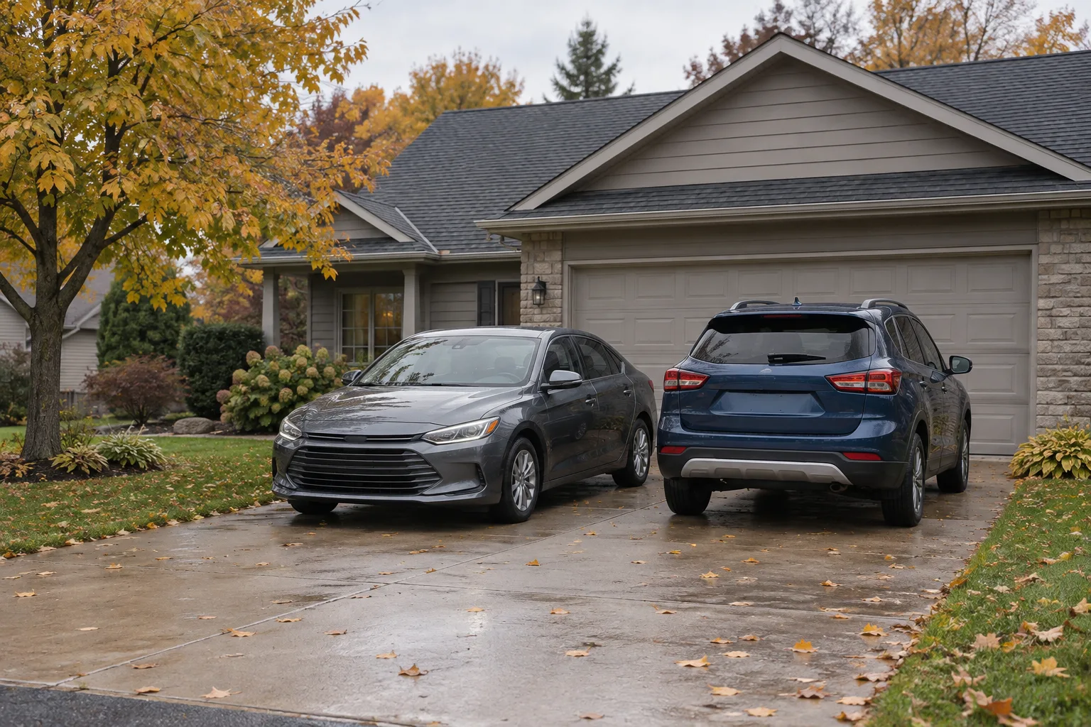 Sedan and SUV parked outside a northeast Indiana home