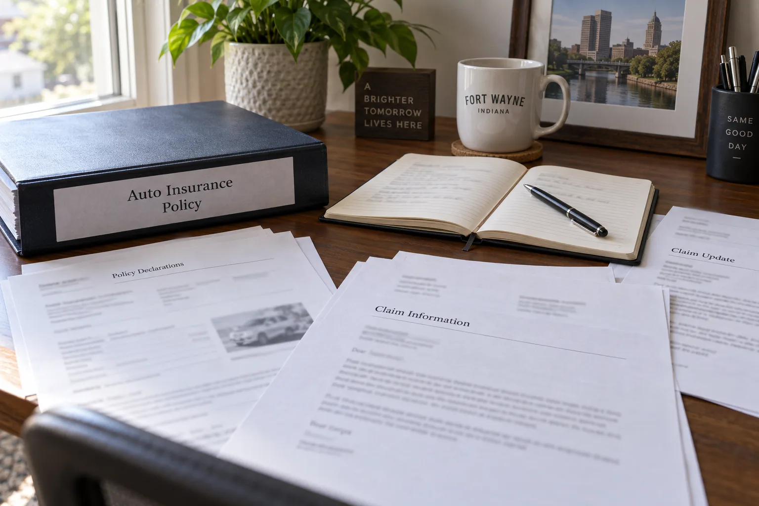 Organized auto insurance policies and claim letters on a desk