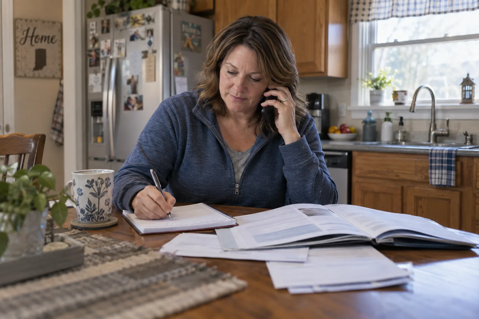 Indiana policyholder taking notes during an insurance call
