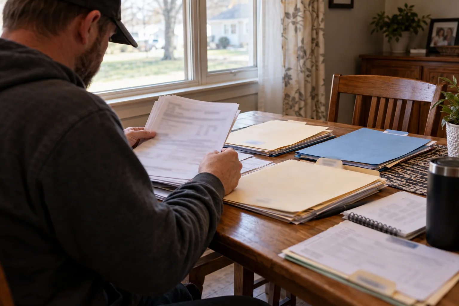Worker organizing work-injury records at a kitchen table
