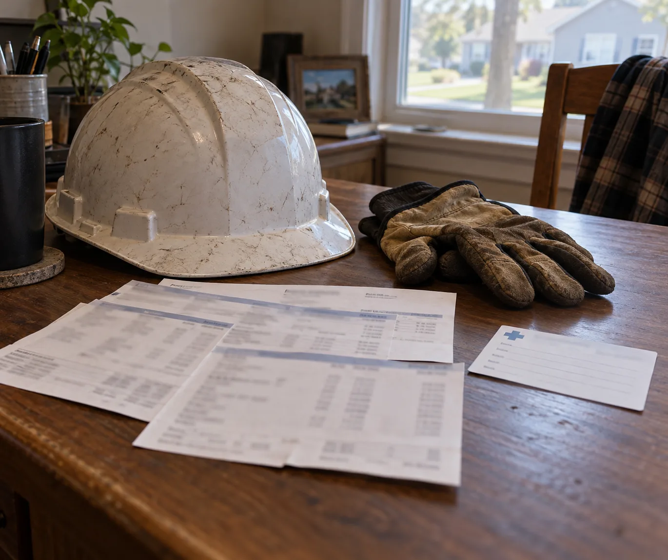 Work gear, wage records, and an appointment card arranged on a desk