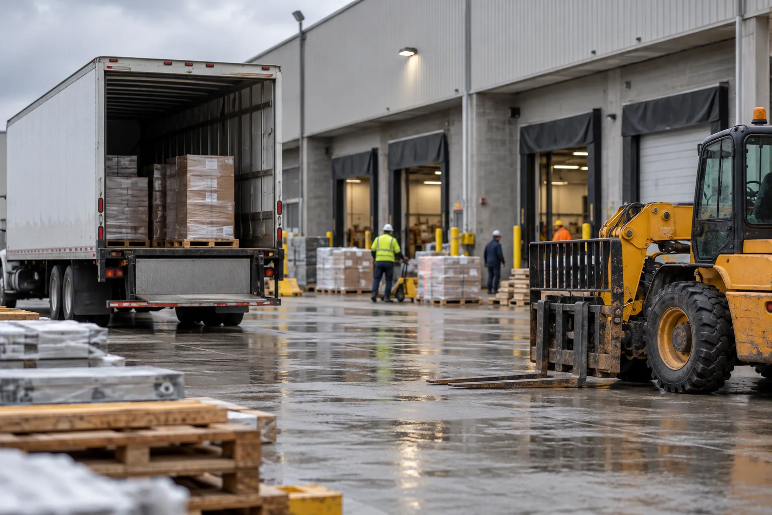 Delivery vehicle and contractor equipment at an Indiana warehouse jobsite