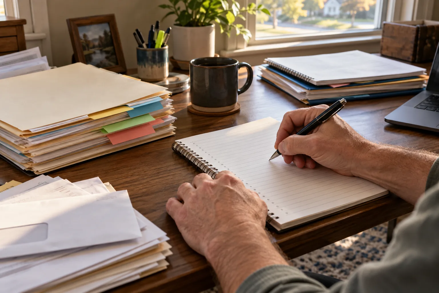 Worker creating a timeline beside organized medical and wage records