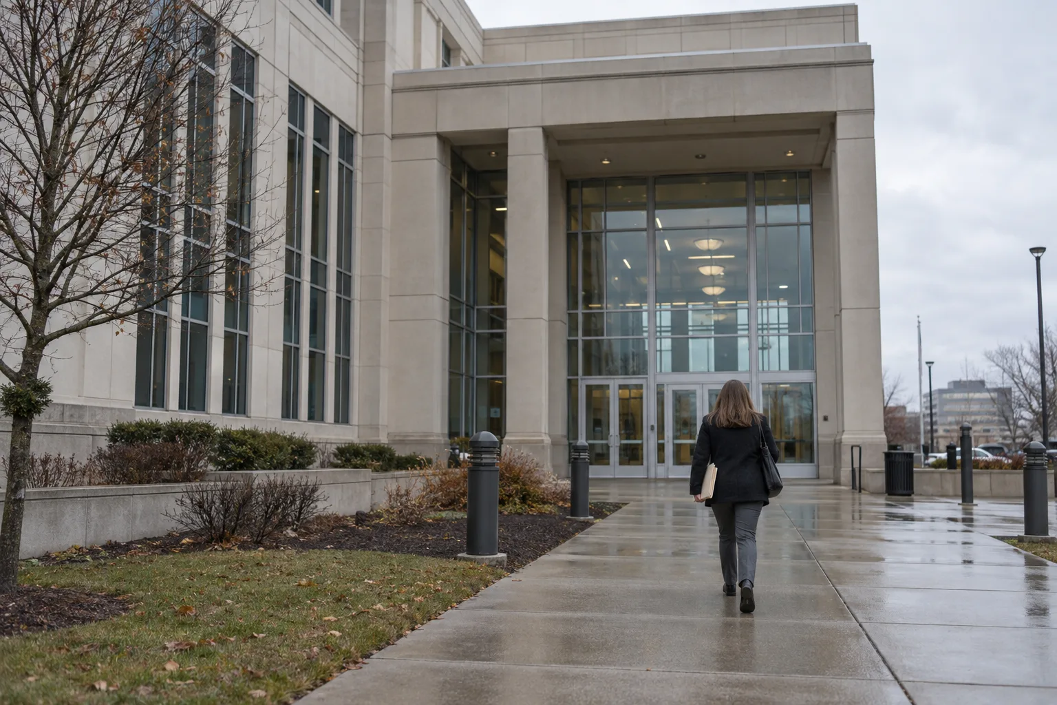 Person carrying a document folder toward an Indiana administrative office