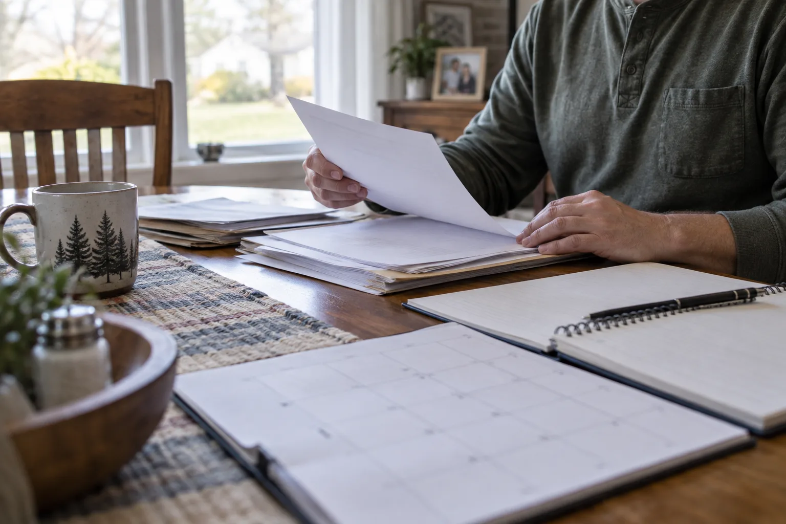 Worker organizing restriction notes and a calendar at home