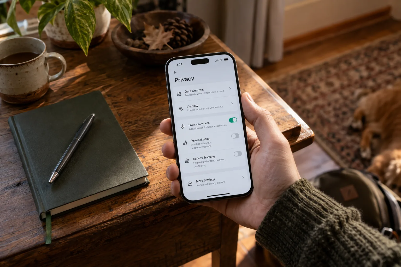 Phone with generic privacy settings open beside a notebook