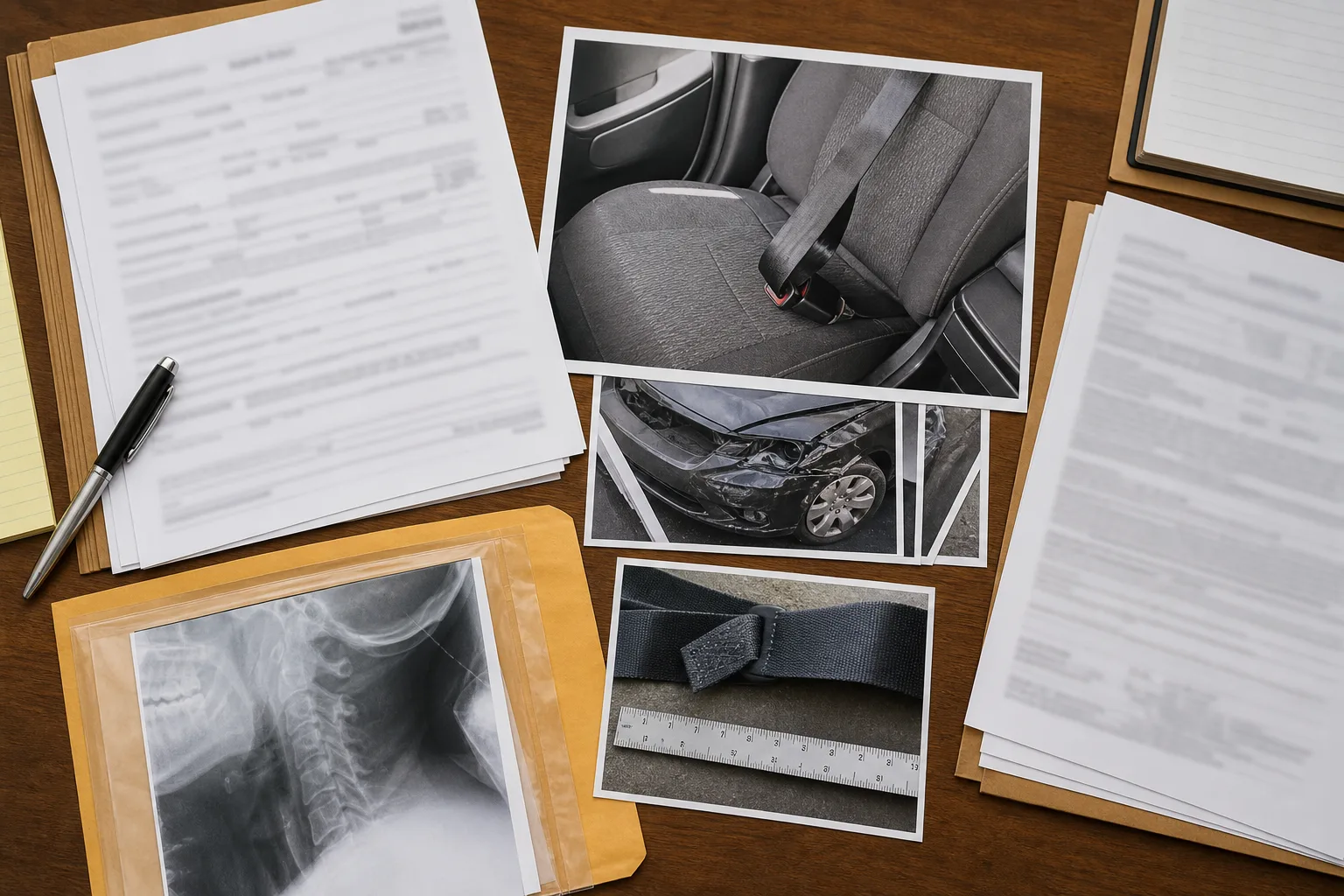 Photographs and vehicle records assembled as evidence in an Indiana crash claim