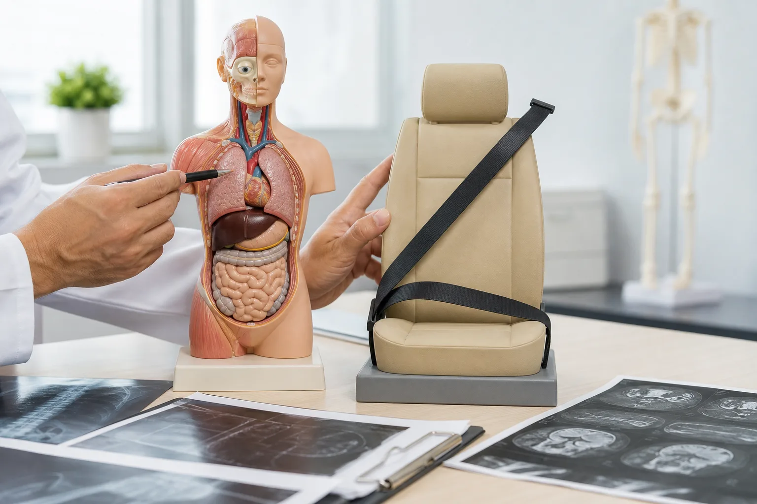 Specialist comparing seat belt geometry with medical injury evidence after a crash