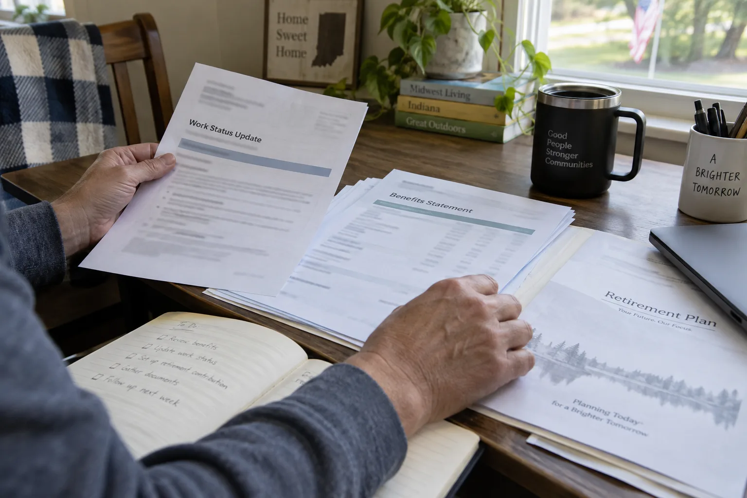 Work-status note, benefit records, and retirement papers organized on a desk