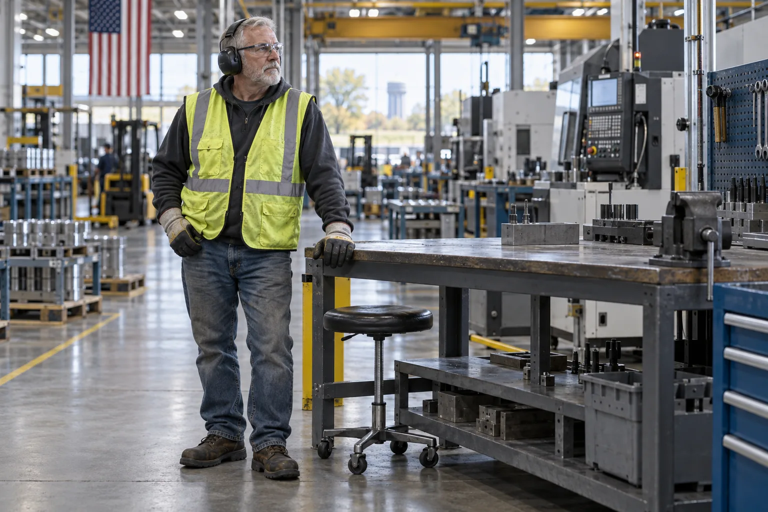 Older Indiana manufacturing worker considering retirement beside a workstation