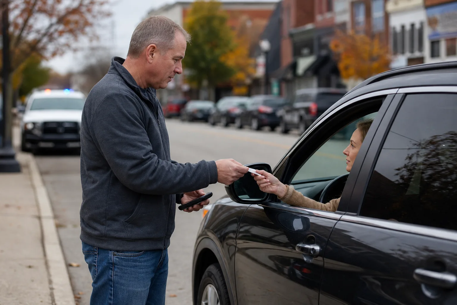 Pedestrian and driver exchanging information beside an Indiana street