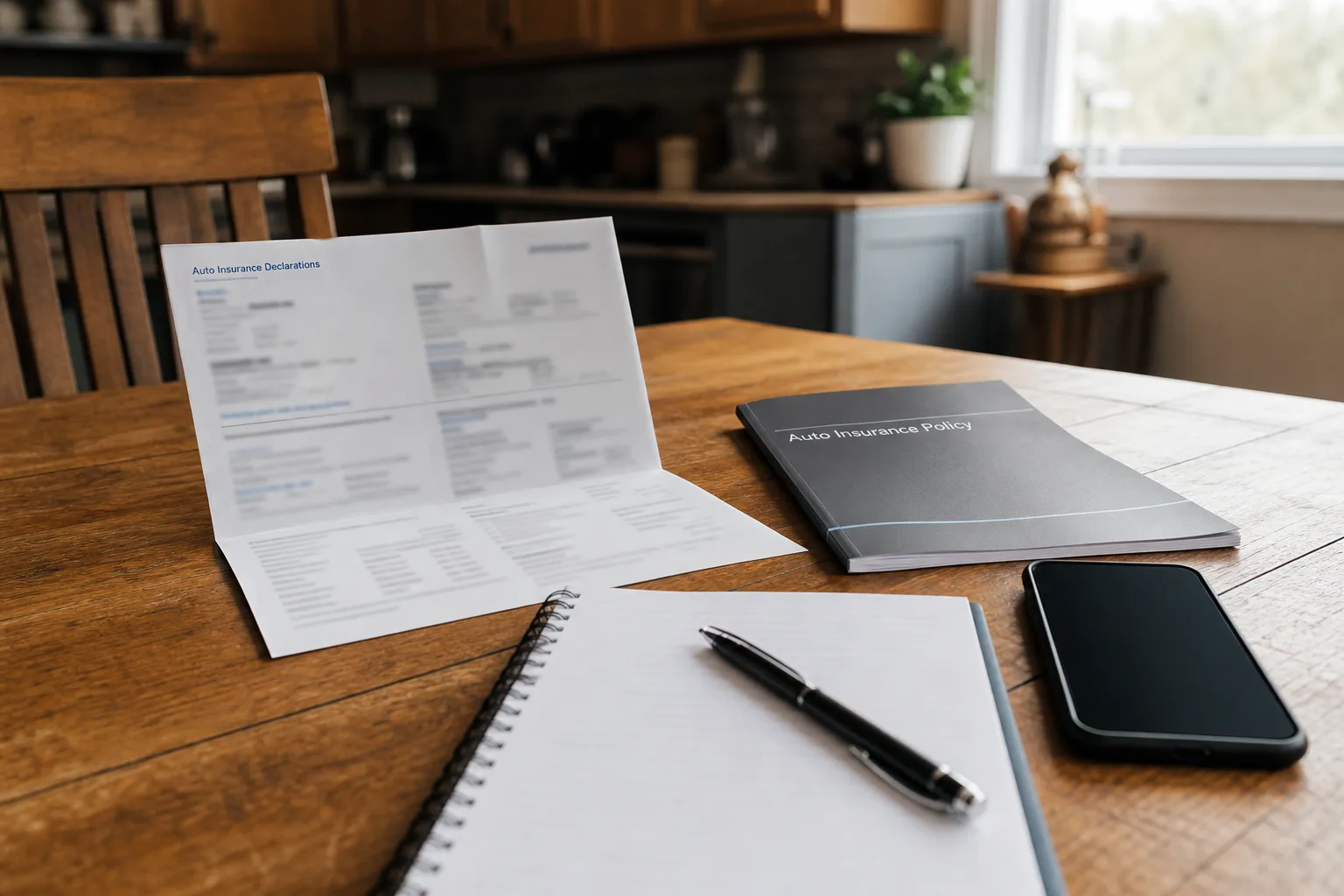 Auto insurance policy documents and notes arranged on a table
